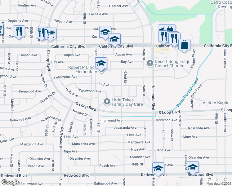 map of restaurants, bars, coffee shops, grocery stores, and more near 20636 91st Street in California City