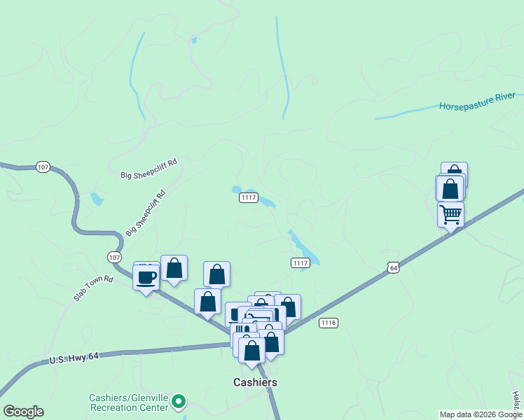 map of restaurants, bars, coffee shops, grocery stores, and more near 45 Tiny Trail Road in Cashiers