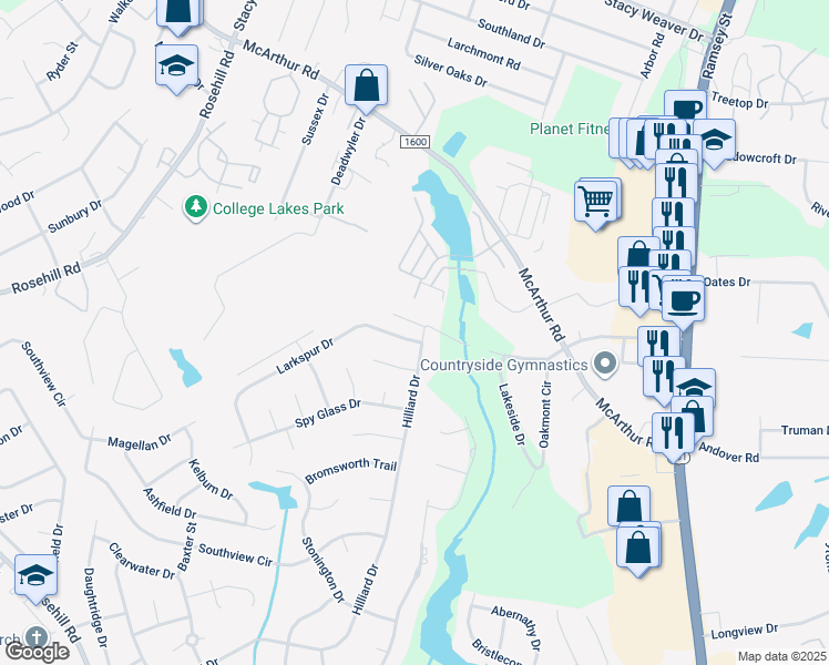 map of restaurants, bars, coffee shops, grocery stores, and more near 600 Larkspur Drive in Fayetteville
