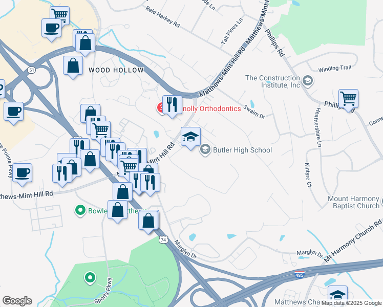 map of restaurants, bars, coffee shops, grocery stores, and more near 1810 Matthews-Mint Hill Road in Matthews