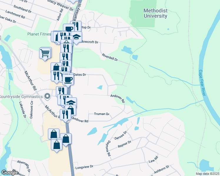map of restaurants, bars, coffee shops, grocery stores, and more near 400 Newburgh Drive in Fayetteville