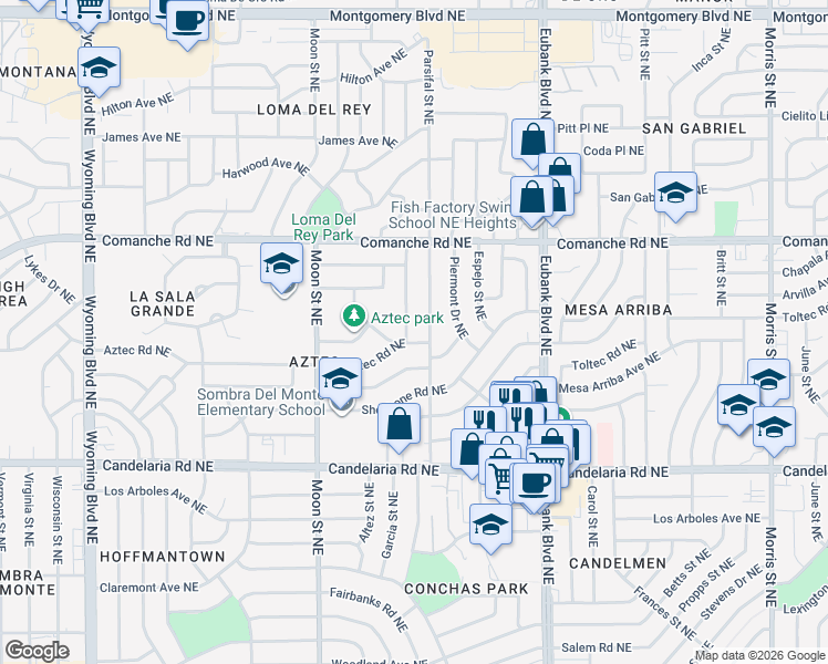 map of restaurants, bars, coffee shops, grocery stores, and more near 3413 Garcia Street Northeast in Albuquerque