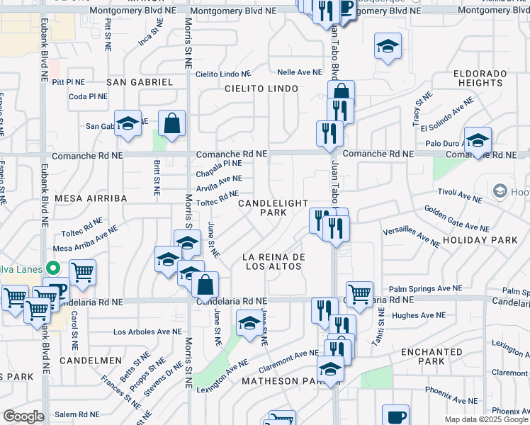 map of restaurants, bars, coffee shops, grocery stores, and more near 10500 Candlelight Court Northeast in Albuquerque