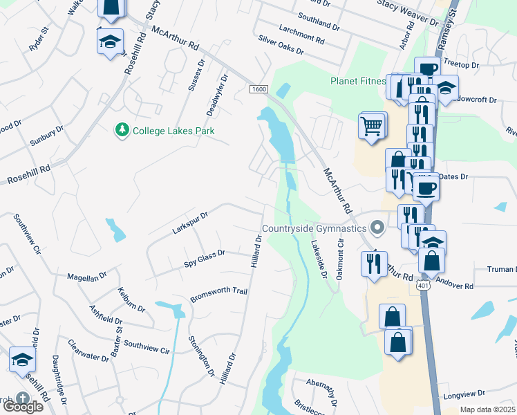 map of restaurants, bars, coffee shops, grocery stores, and more near 600 Larkspur Drive in Fayetteville