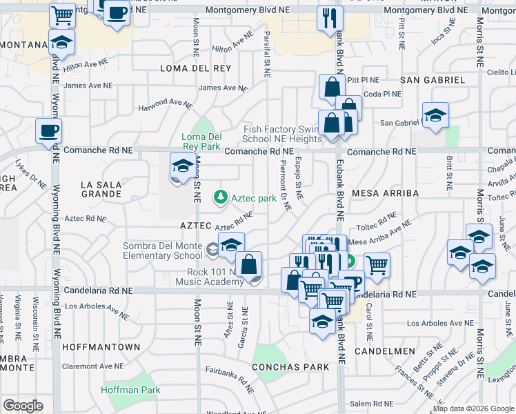 map of restaurants, bars, coffee shops, grocery stores, and more near 3413 Garcia Street Northeast in Albuquerque