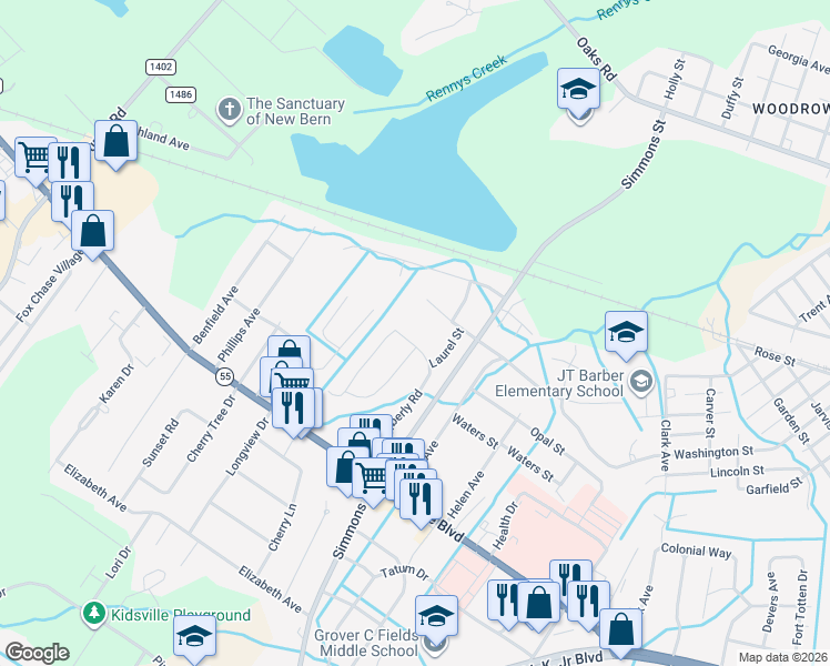 map of restaurants, bars, coffee shops, grocery stores, and more near 2500-2502 Dogwood Drive in New Bern