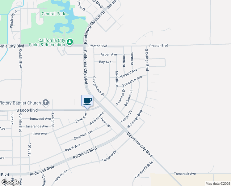 map of restaurants, bars, coffee shops, grocery stores, and more near 20624 Melville Drive in California City