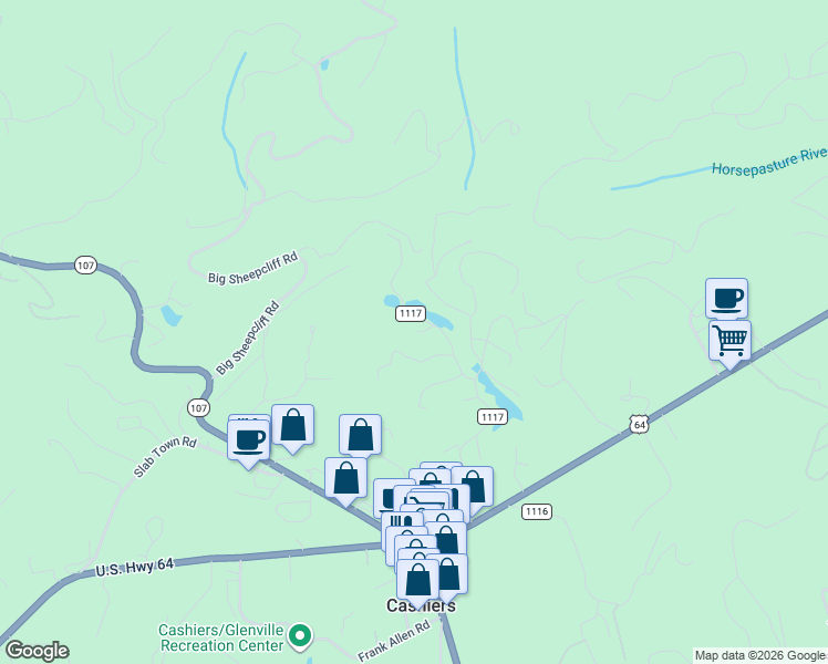 map of restaurants, bars, coffee shops, grocery stores, and more near 18 Lance Road in Cashiers