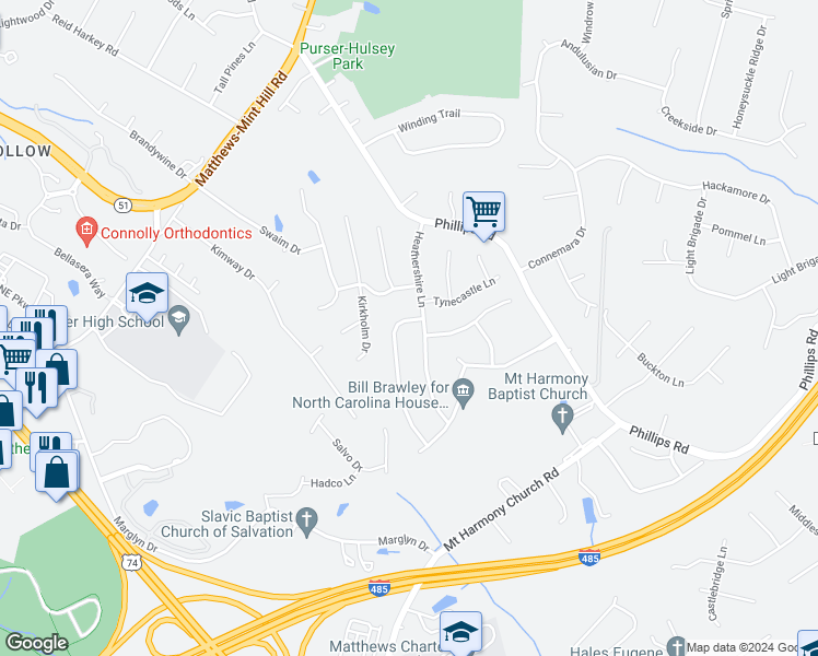 map of restaurants, bars, coffee shops, grocery stores, and more near 13546 Kintyre Court in Matthews
