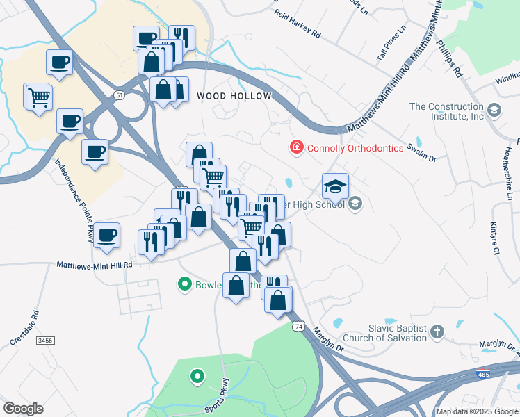 map of restaurants, bars, coffee shops, grocery stores, and more near 2911 Oakhaven Drive in Matthews