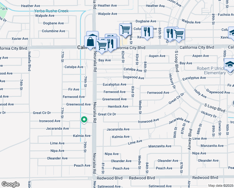 map of restaurants, bars, coffee shops, grocery stores, and more near 8144 Fernwood Avenue in California City