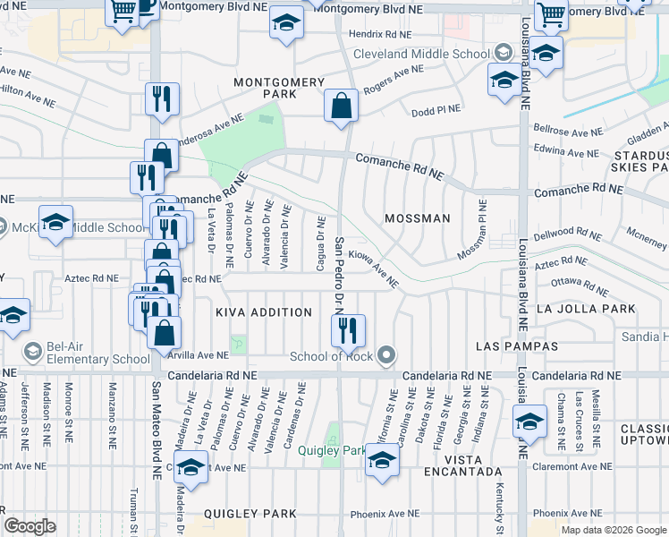 map of restaurants, bars, coffee shops, grocery stores, and more near 3313 San Pedro Drive Northeast in Albuquerque