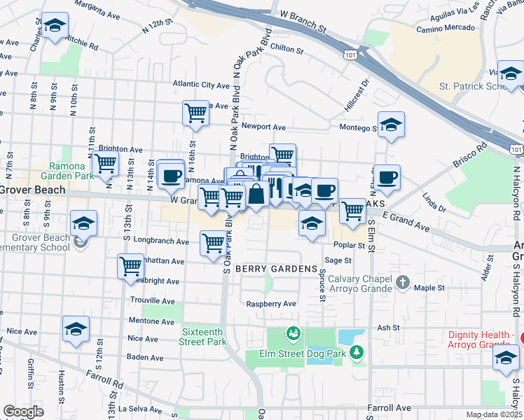 map of restaurants, bars, coffee shops, grocery stores, and more near 1540 East Grand Avenue in Arroyo Grande