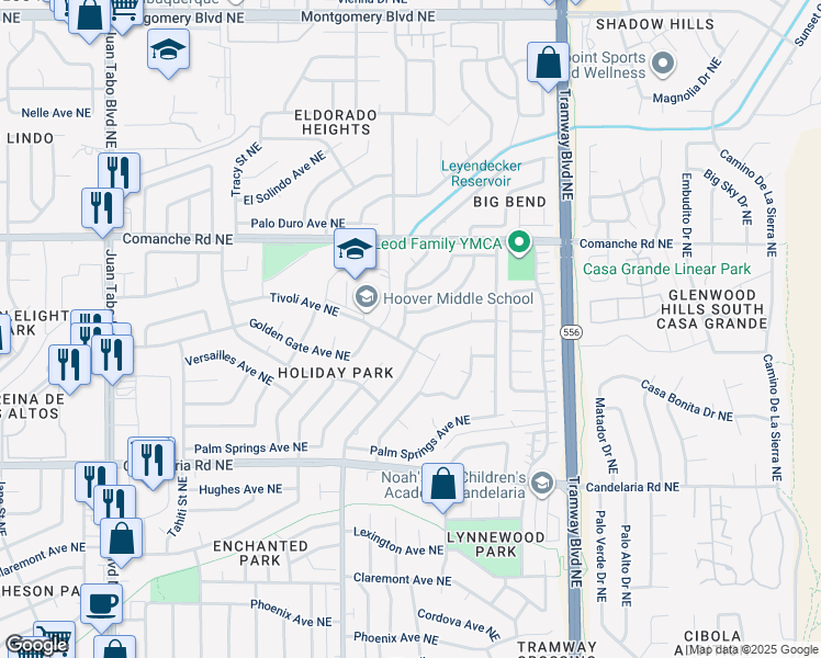map of restaurants, bars, coffee shops, grocery stores, and more near 3509 Chelwood Park Boulevard Northeast in Albuquerque