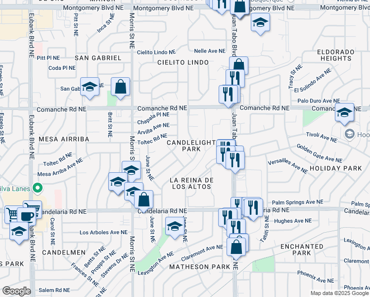 map of restaurants, bars, coffee shops, grocery stores, and more near 10500 Candlelight Court Northeast in Albuquerque