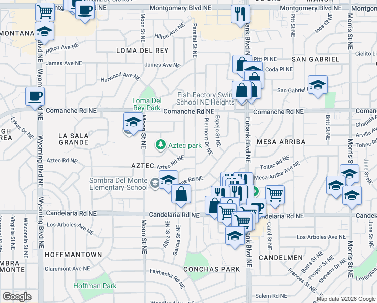 map of restaurants, bars, coffee shops, grocery stores, and more near 3413 Garcia Street Northeast in Albuquerque