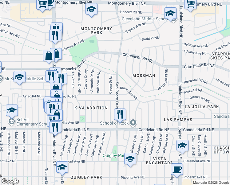map of restaurants, bars, coffee shops, grocery stores, and more near 3313 San Pedro Drive Northeast in Albuquerque