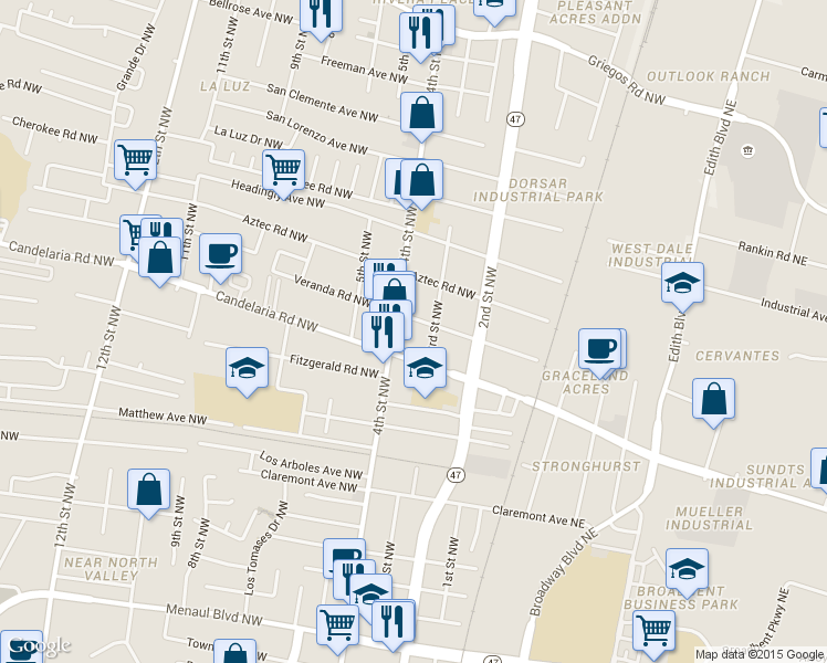 map of restaurants, bars, coffee shops, grocery stores, and more near 310 Veranda Road Northwest in Albuquerque