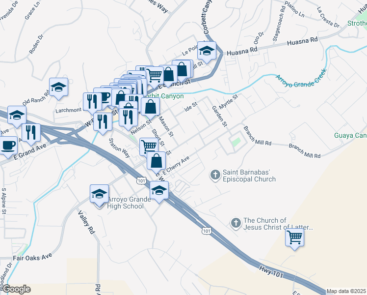 map of restaurants, bars, coffee shops, grocery stores, and more near 318 Allen Street in Arroyo Grande