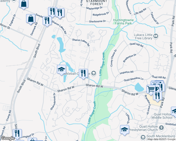 map of restaurants, bars, coffee shops, grocery stores, and more near 2021 Harvest Lane in Charlotte