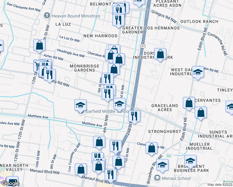 map of restaurants, bars, coffee shops, grocery stores, and more near 310 Veranda Road Northwest in Albuquerque