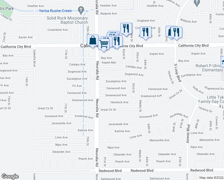 map of restaurants, bars, coffee shops, grocery stores, and more near 8037 Fernwood Avenue in California City