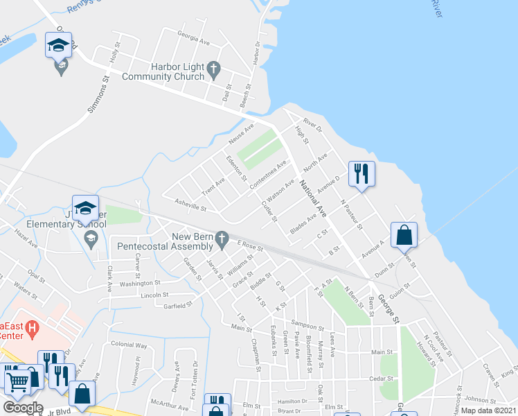 map of restaurants, bars, coffee shops, grocery stores, and more near 604 Watson Avenue in New Bern