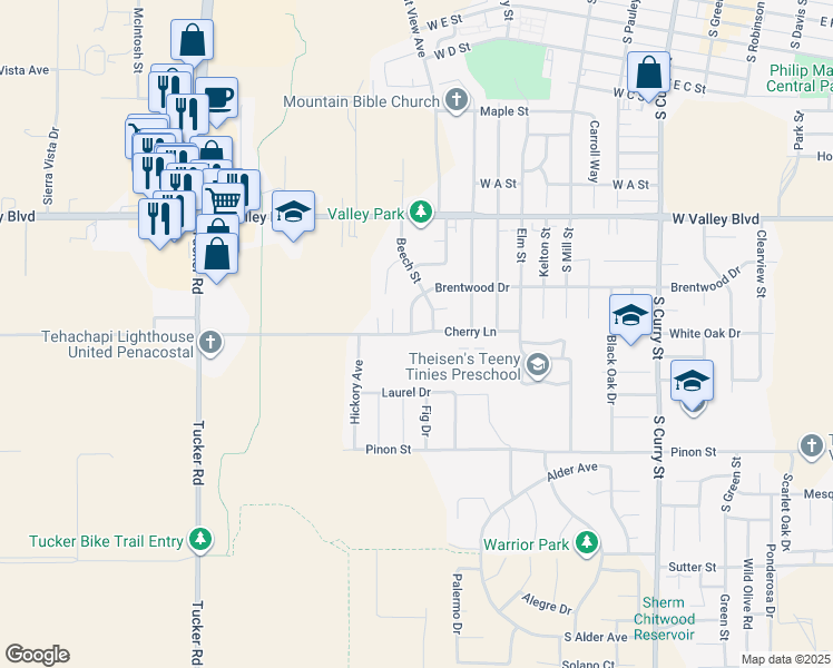 map of restaurants, bars, coffee shops, grocery stores, and more near 636 Cherry Lane in Tehachapi