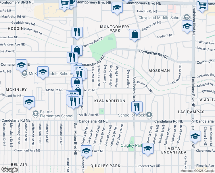 map of restaurants, bars, coffee shops, grocery stores, and more near 3312 Alvarado Drive Northeast in Albuquerque