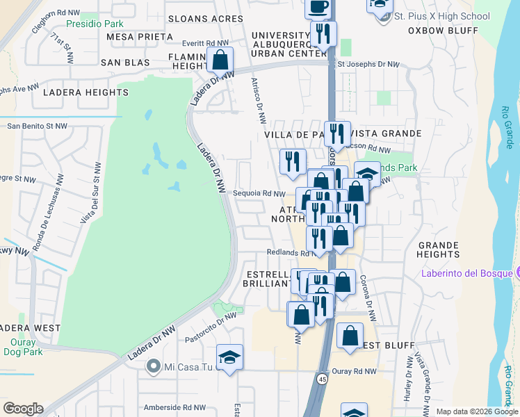 map of restaurants, bars, coffee shops, grocery stores, and more near in Albuquerque