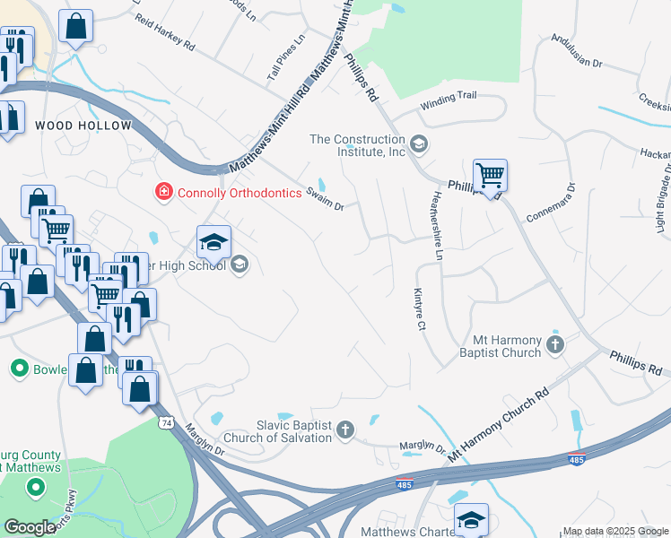 map of restaurants, bars, coffee shops, grocery stores, and more near 2125 Kimway Drive in Matthews