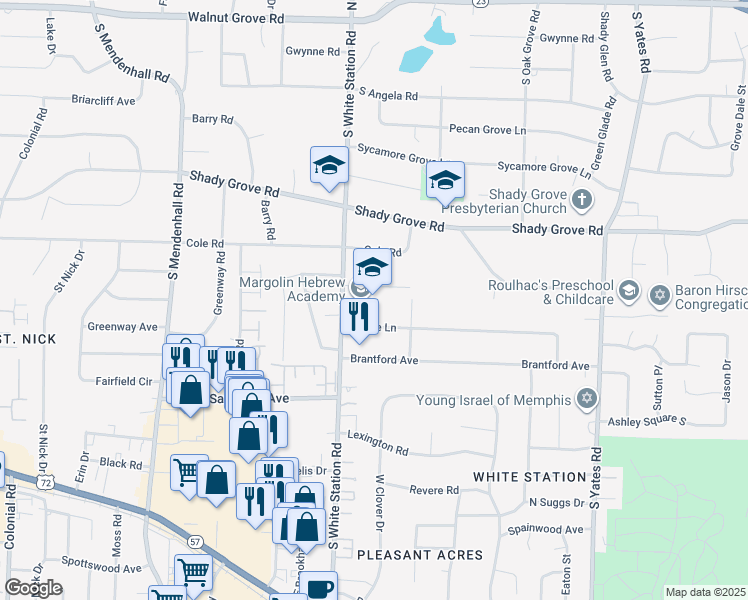 map of restaurants, bars, coffee shops, grocery stores, and more near 390 South White Station Road in Memphis