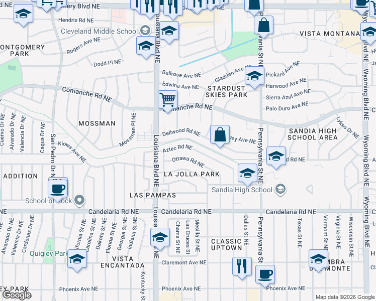map of restaurants, bars, coffee shops, grocery stores, and more near 7113 Aztec Road Northeast in Albuquerque