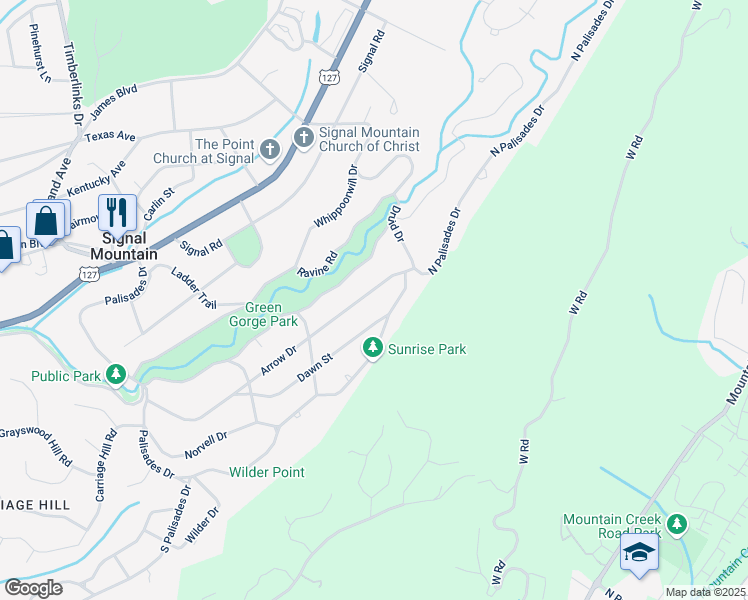 map of restaurants, bars, coffee shops, grocery stores, and more near 321 Arrow Drive in Signal Mountain