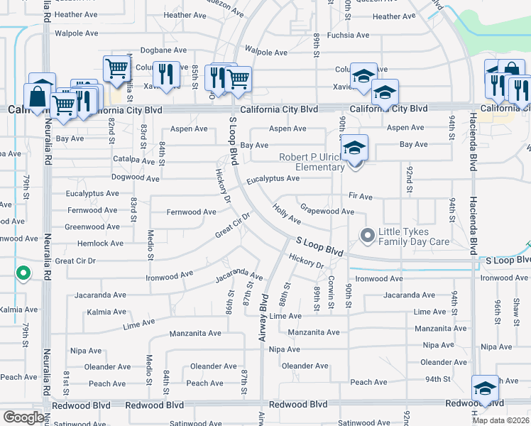 map of restaurants, bars, coffee shops, grocery stores, and more near 8773 Holly Avenue in California City