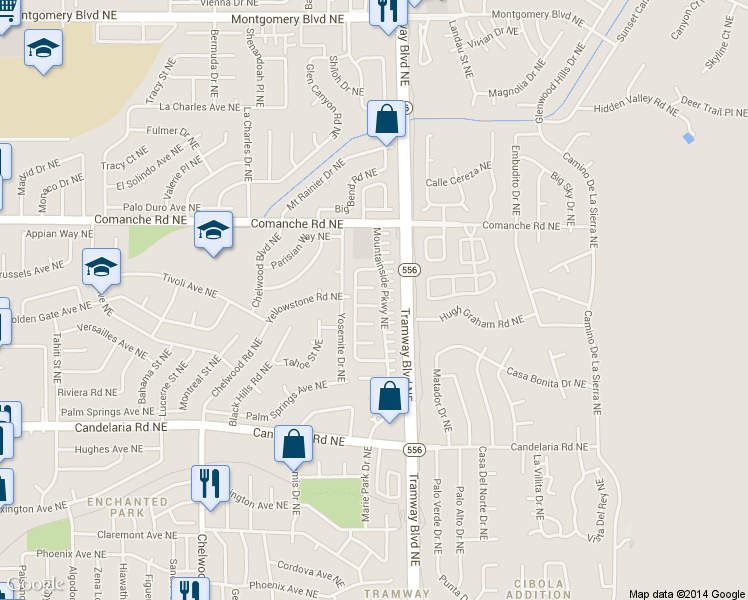 map of restaurants, bars, coffee shops, grocery stores, and more near 3524 Mountainside Parkway Northeast in Albuquerque
