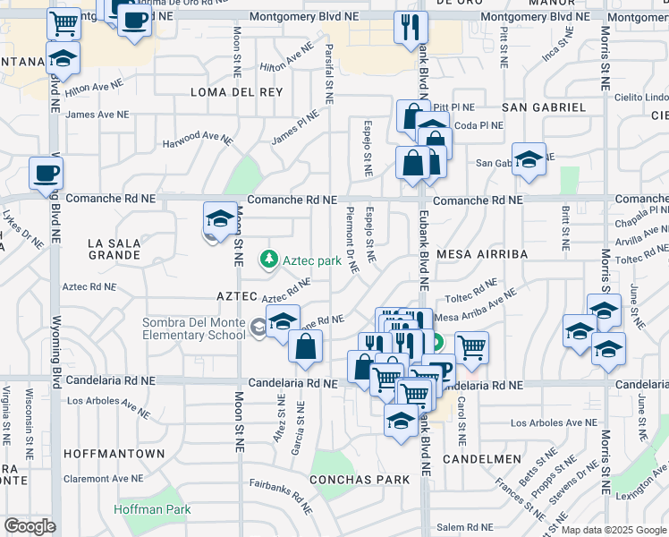 map of restaurants, bars, coffee shops, grocery stores, and more near 3424 Parsifal Street Northeast in Albuquerque