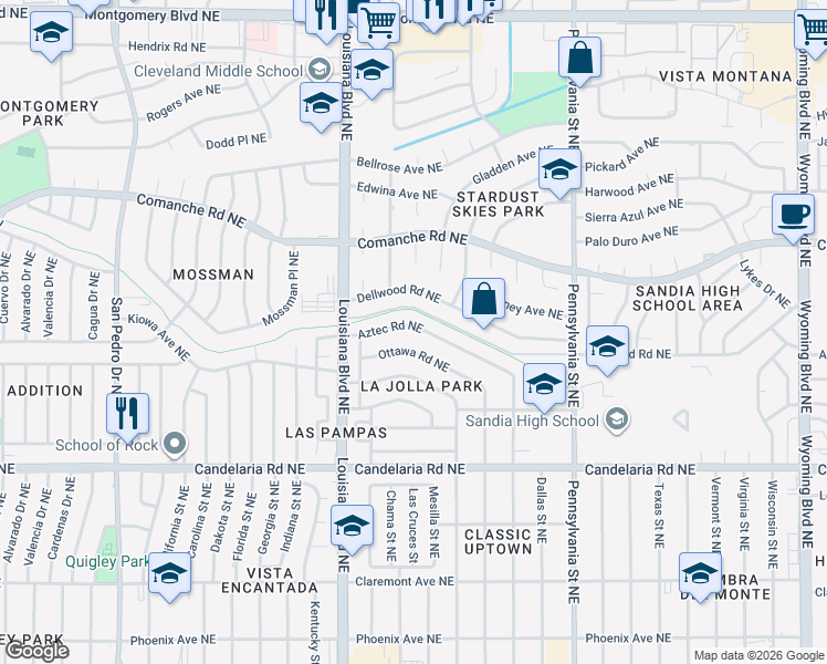 map of restaurants, bars, coffee shops, grocery stores, and more near 7113 Aztec Road Northeast in Albuquerque