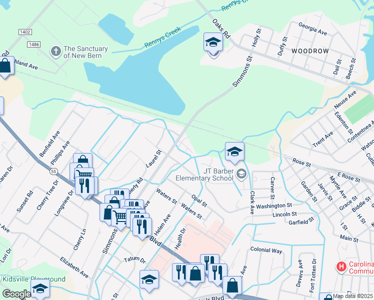 map of restaurants, bars, coffee shops, grocery stores, and more near 1601 Simmons Street in New Bern