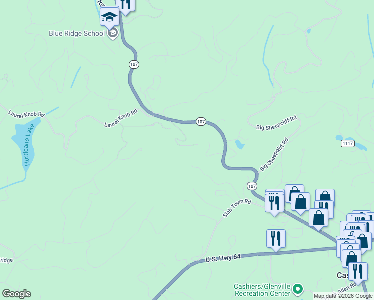map of restaurants, bars, coffee shops, grocery stores, and more near 298 Blue Ridge Lane in Cashiers