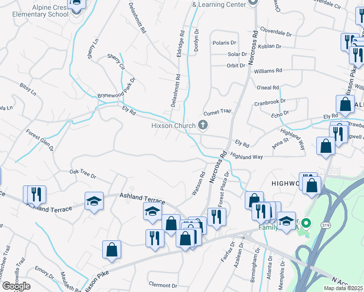 map of restaurants, bars, coffee shops, grocery stores, and more near 1312 Ely Road in Chattanooga