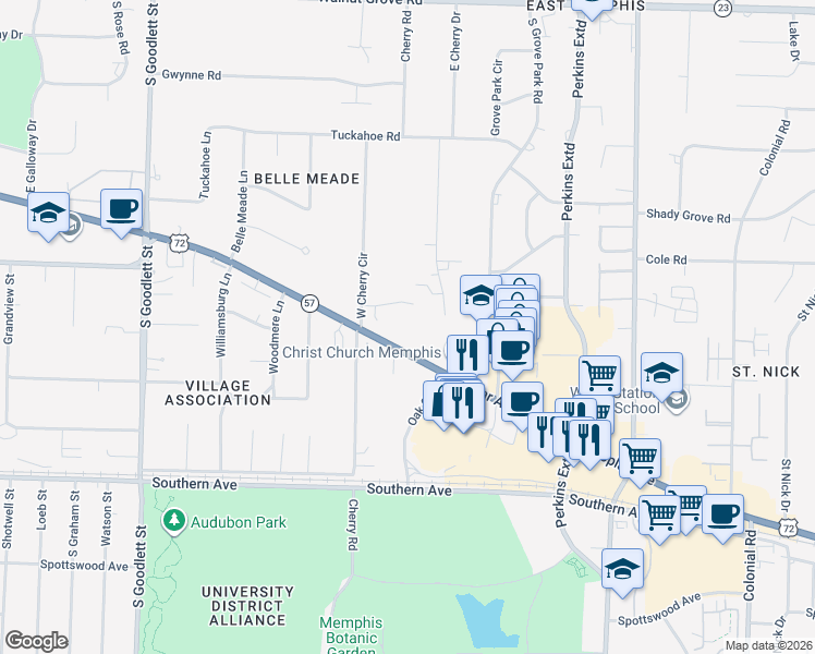 map of restaurants, bars, coffee shops, grocery stores, and more near 384 West Cherry Place Drive in Memphis
