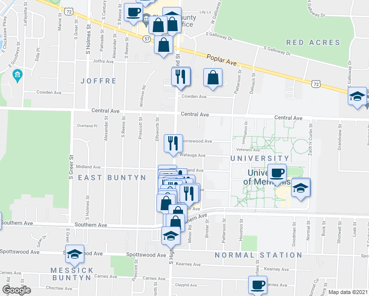 map of restaurants, bars, coffee shops, grocery stores, and more near 400 South Highland Street in Memphis