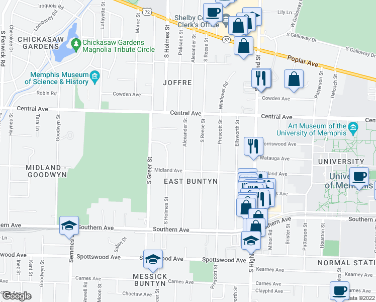 map of restaurants, bars, coffee shops, grocery stores, and more near 404 Alexander Street in Memphis