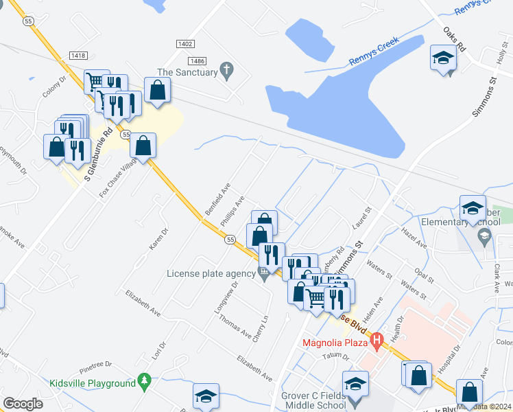 map of restaurants, bars, coffee shops, grocery stores, and more near 1360 Stallings Parkway in New Bern