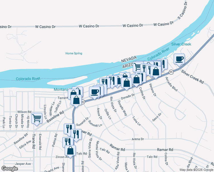 map of restaurants, bars, coffee shops, grocery stores, and more near Unnamed Road in Bullhead City