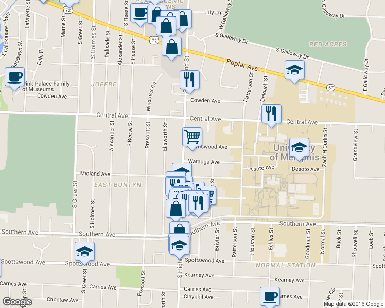 map of restaurants, bars, coffee shops, grocery stores, and more near 400 South Highland Street in Memphis