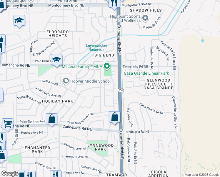 map of restaurants, bars, coffee shops, grocery stores, and more near 3524 Mountainside Parkway Northeast in Albuquerque