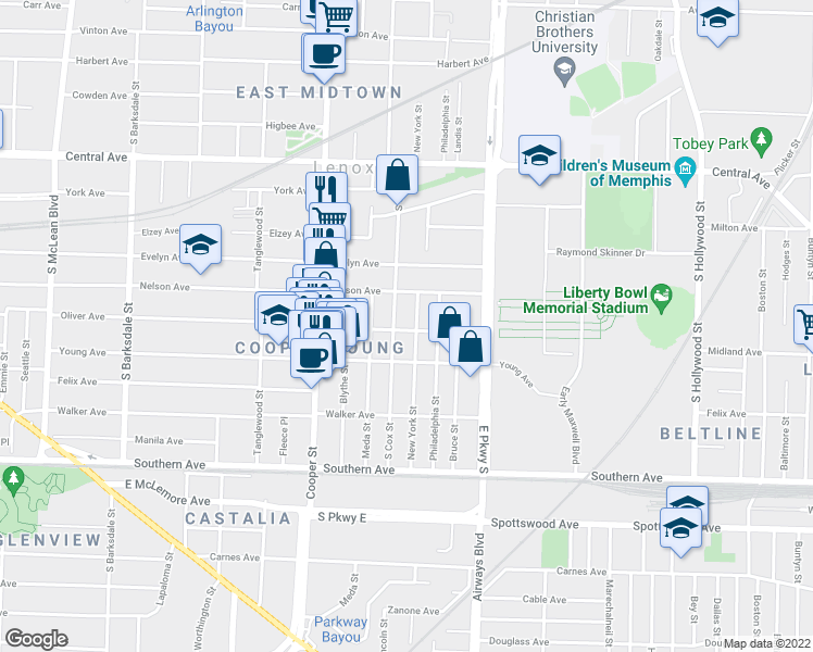 map of restaurants, bars, coffee shops, grocery stores, and more near 2240 Oliver Ave in Memphis