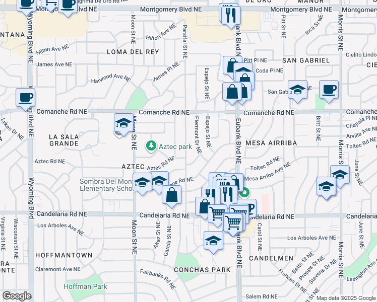 map of restaurants, bars, coffee shops, grocery stores, and more near 3424 Parsifal Street Northeast in Albuquerque